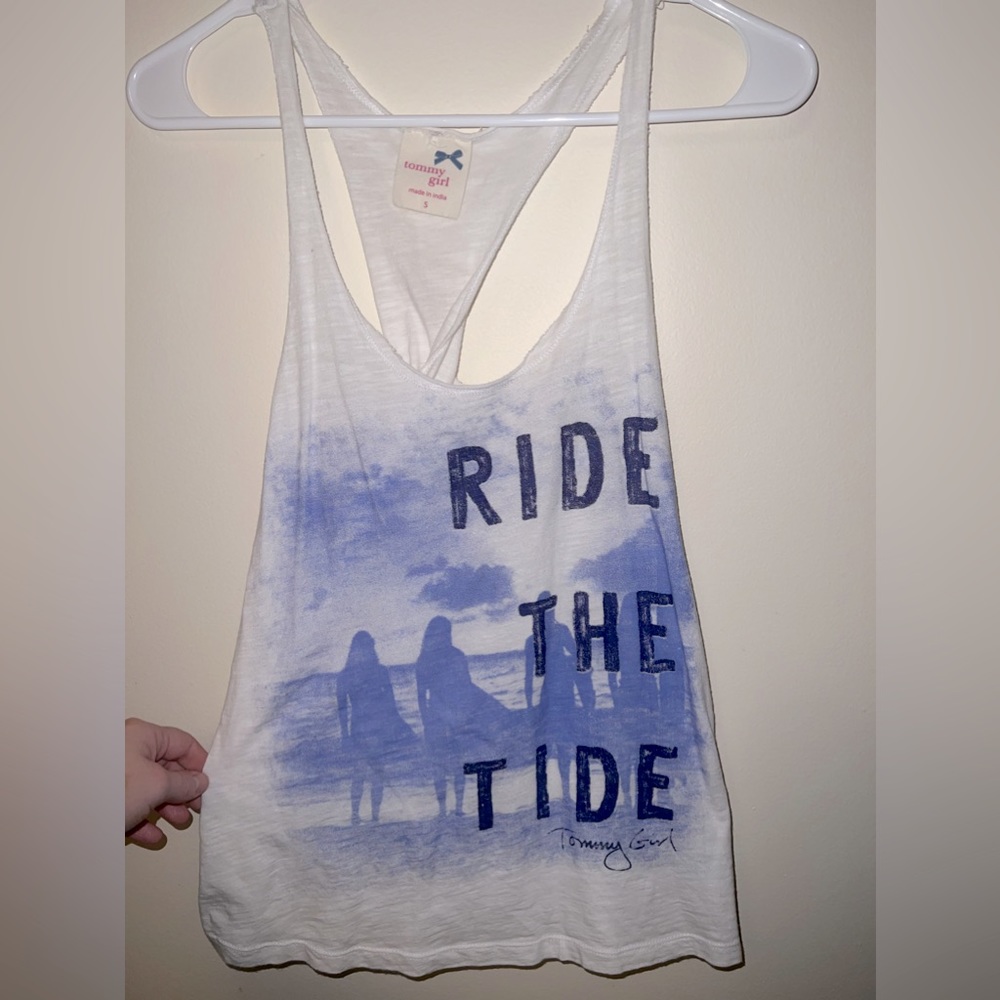 Tommy girl size small tank top twist back says Ride the Tide